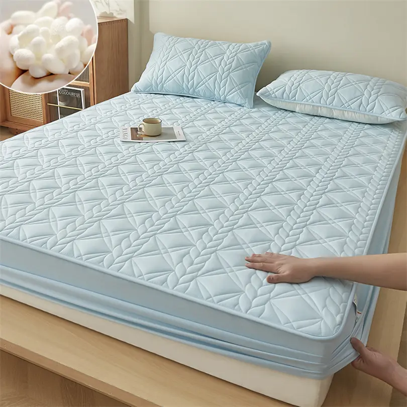 100% Cotton Mattress Pad Cover with Mulberry Silk Fiber Filling, Breathable Mattress Protector Quilted and Noiseless Bed Cover