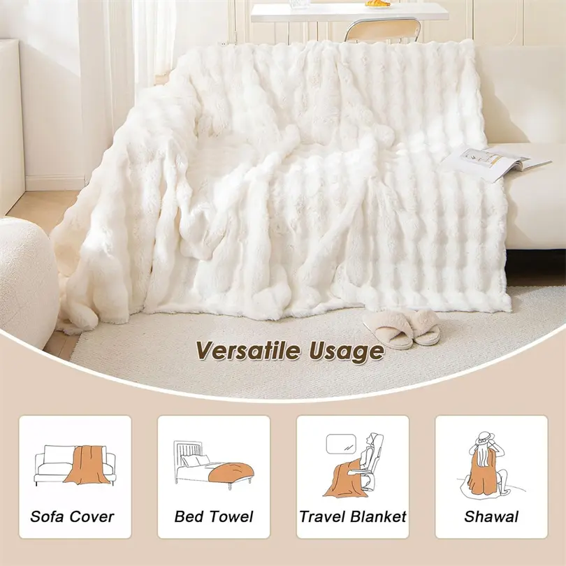 Ultra Soft Faux Rabbit Fur Plush Sofa Towel Winter Warm Thicken Bubble Couch Cushion Cover All Inclusive Universal Throw Blanket