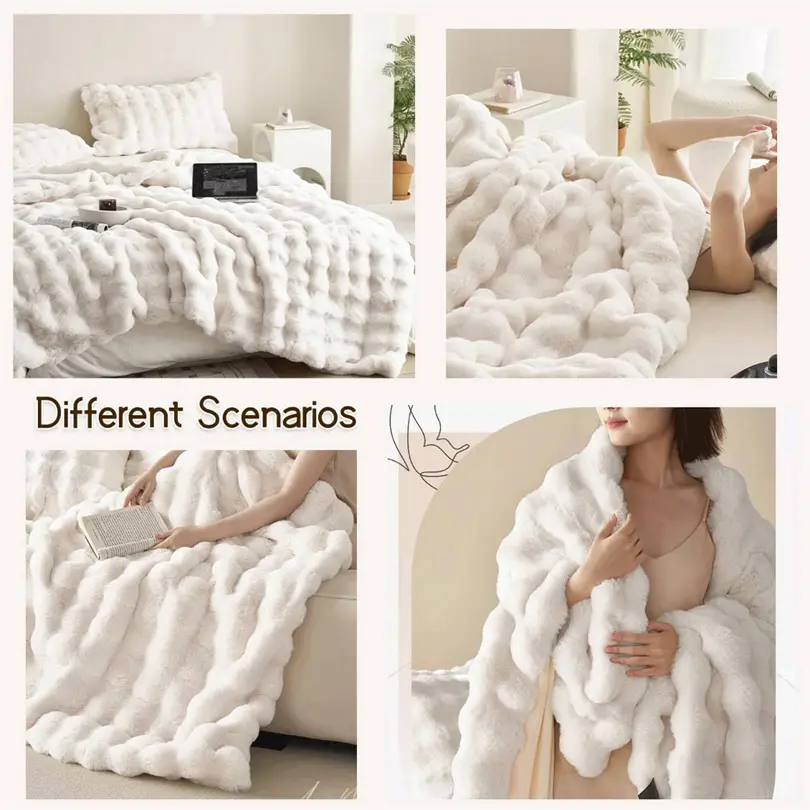 Ultra Soft Faux Rabbit Fur Plush Sofa Towel Winter Warm Thicken Bubble Couch Cushion Cover All Inclusive Universal Throw Blanket