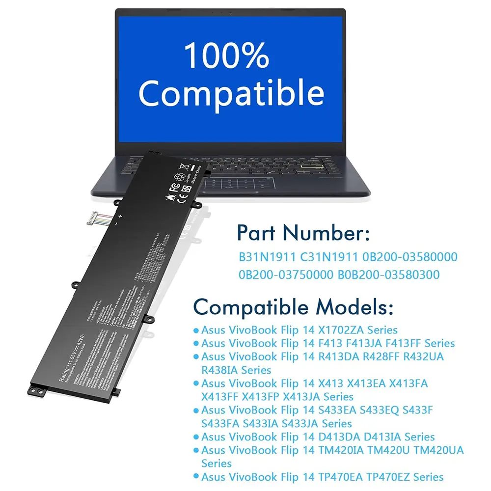 B31N1911 C31N1911 Laptop Battery Compatible with Vivo Book Flip 14 TM420IA M413DA M413 TP470EZ TP470EA TP420UA TP420IA F413 S413