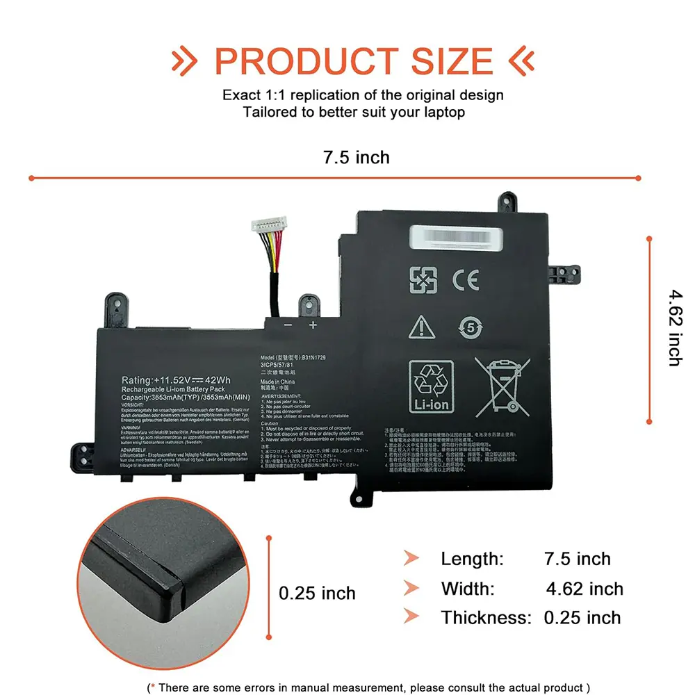 B31N1729 Laptop Battery for Asus VivoBook S15 S530 S530U S530UF S530FA X530UA X530UF X530FA X530FN K530F V530FF P1502FF S5300F