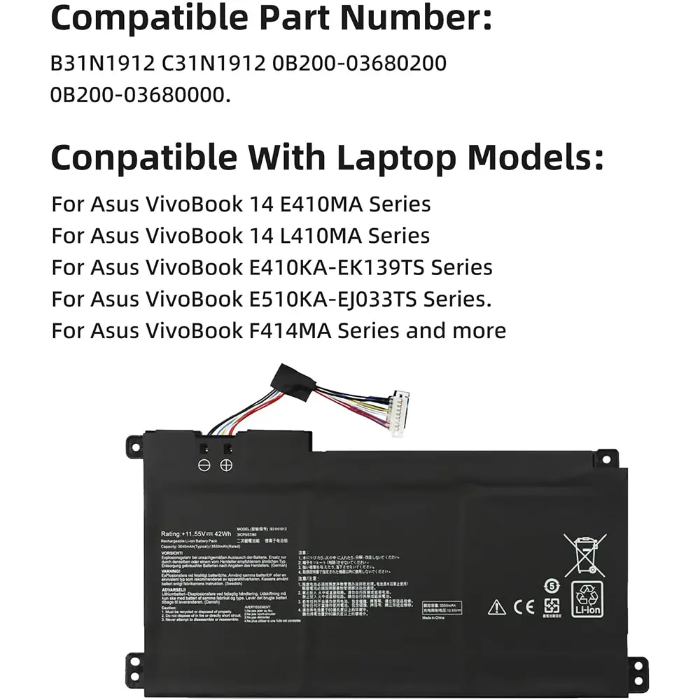 B31N1912 C31N1912 Laptop Battery for ASUS VivoBook 14-E410MA L410MA E410KA E510MA E510KA F414MA L510MA R522MA E410MA-EK026TS
