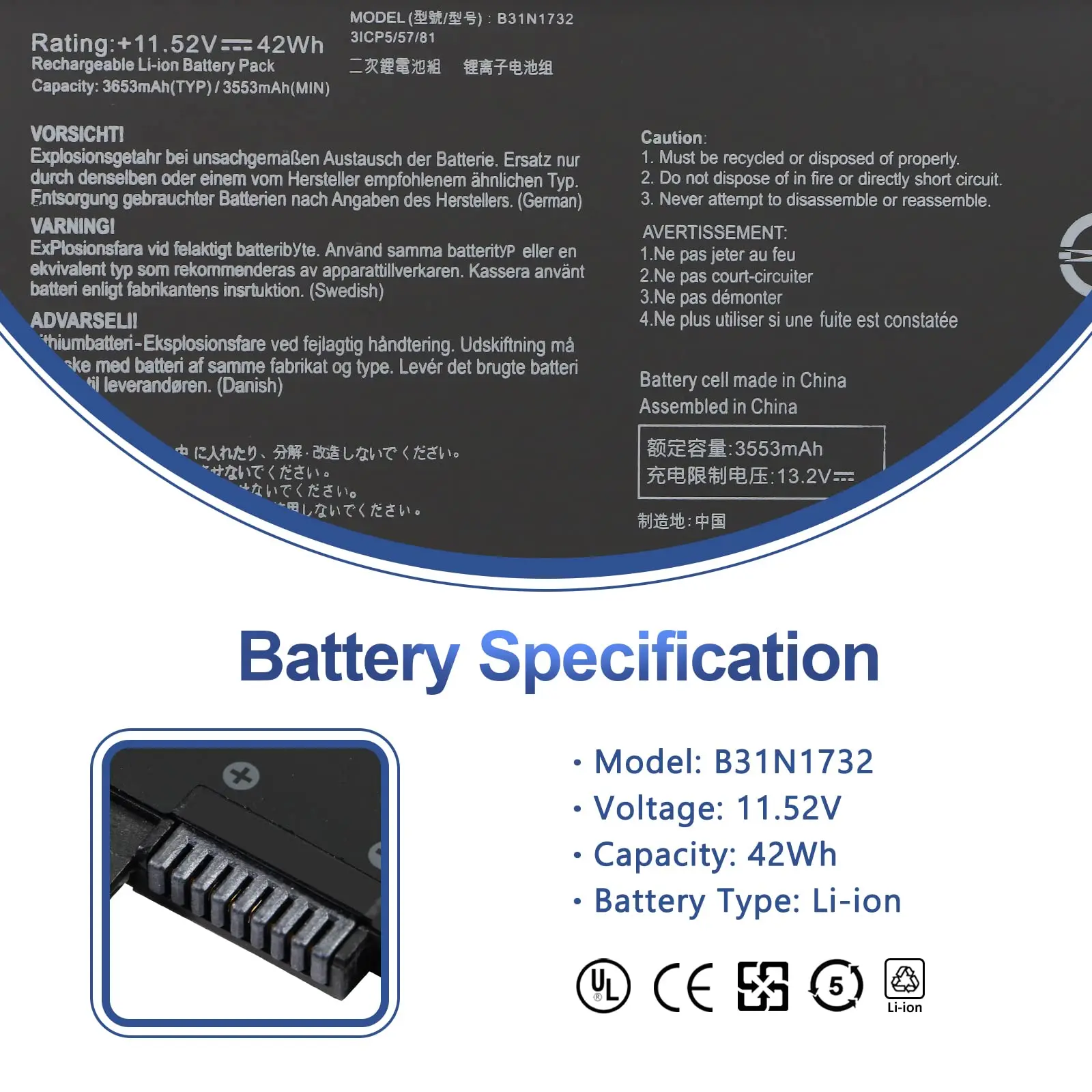 B31N1732 Battery for Asus VivoBook S14 S430FA S430FN S430UA S430UF S430UN X430FA X430FN K430FA K430FN K430UF R430FA R430FN 42Wh