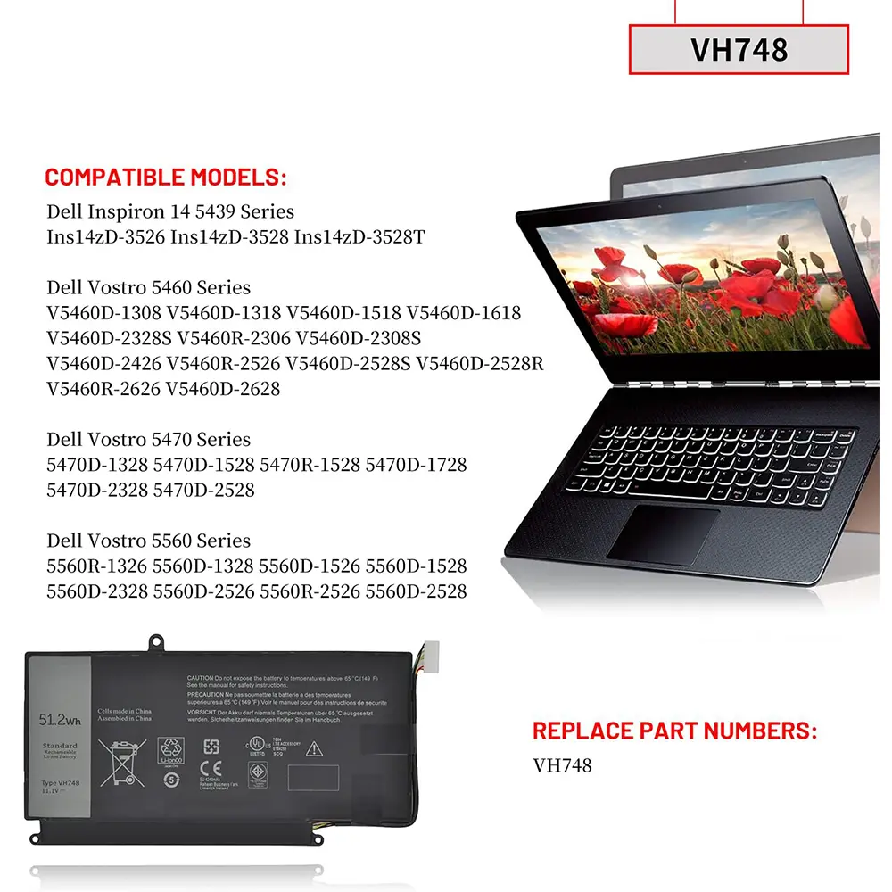 VH748 Laptop Battery for Dell Inspiron 14 5439 Vostro 5460 5470 5560 Series Ins14zD-3526 V5460D-1308 V5460D-2628 V5460R-2526
