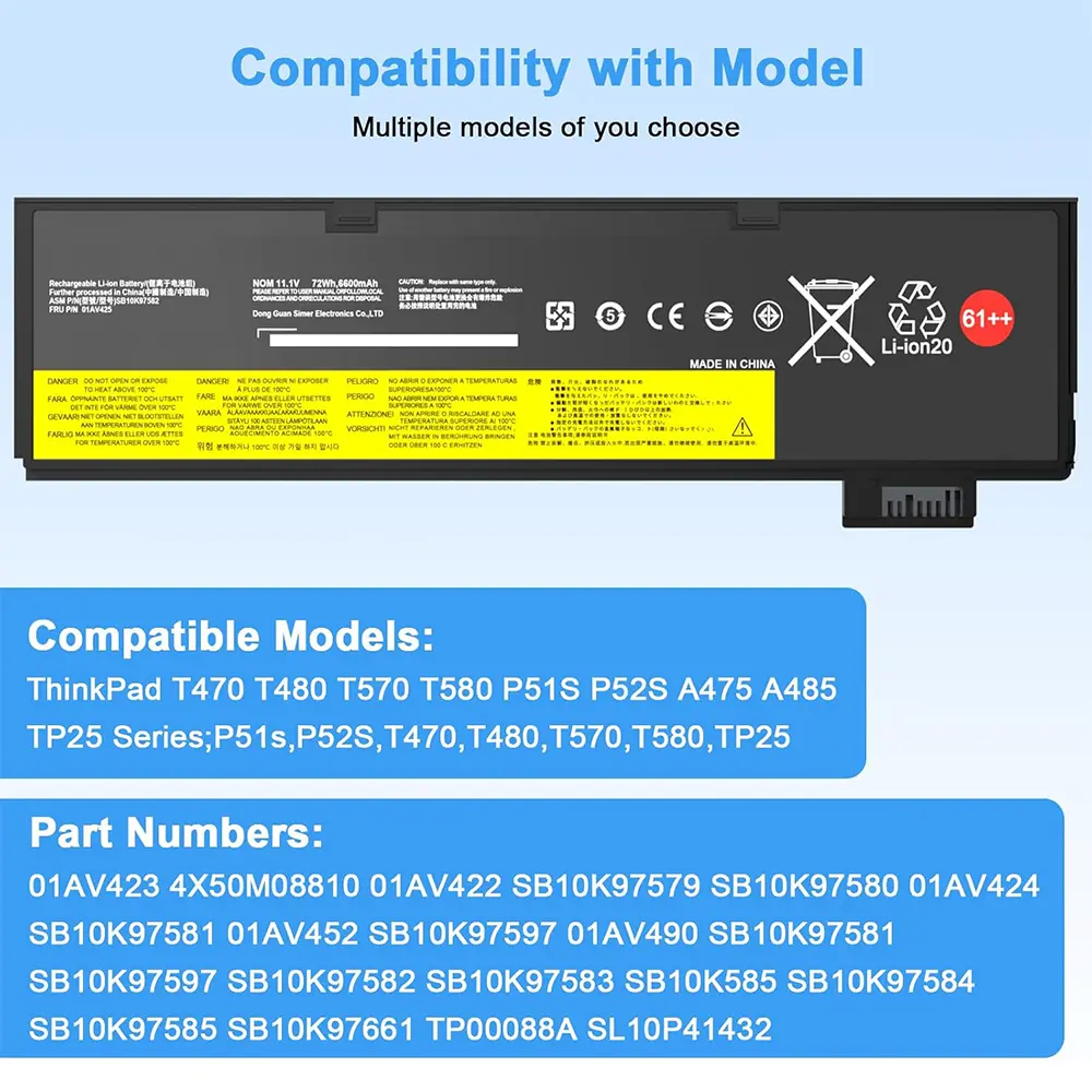 61++ 72Wh Laptop Battery for Lenovo ThinkPad T470 T480 T570 T580 P51S P52S A475 Series for 01AV427 01AV422 01AV423 01AV492