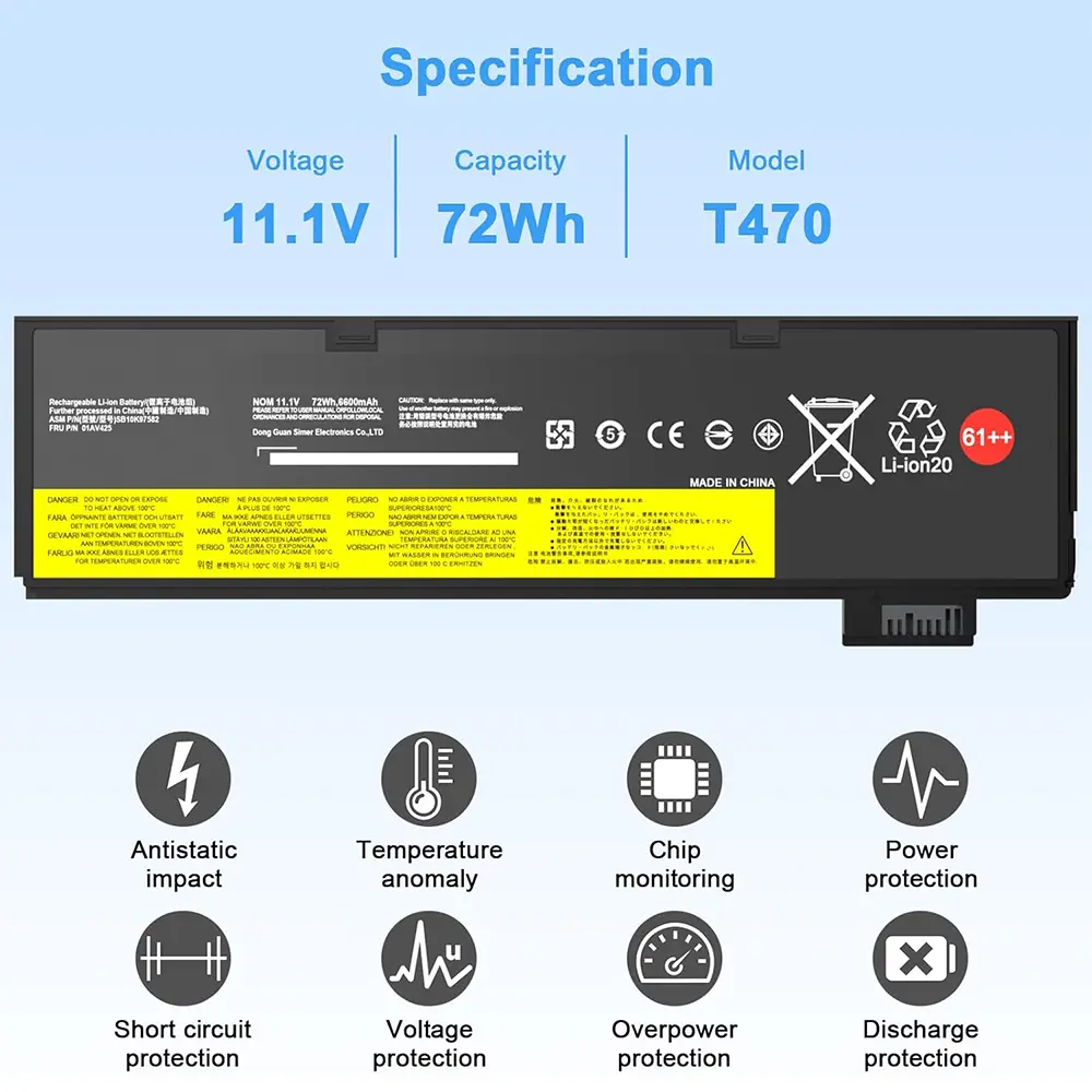 61++ 72Wh Laptop Battery for Lenovo ThinkPad T470 T480 T570 T580 P51S P52S A475 Series for 01AV427 01AV422 01AV423 01AV492