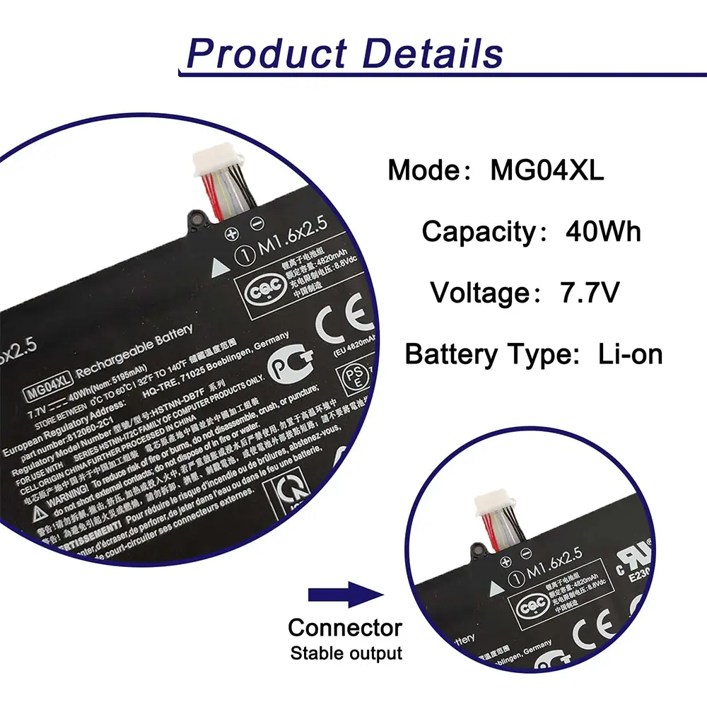 MG04XL Battery Replacement for Hp Elite X2 1012 G1 Series Laptop 812060-2B1 812060-2C1 812205-001 HSTNN-DB7F 7.7V 40Wh 5195mAh
