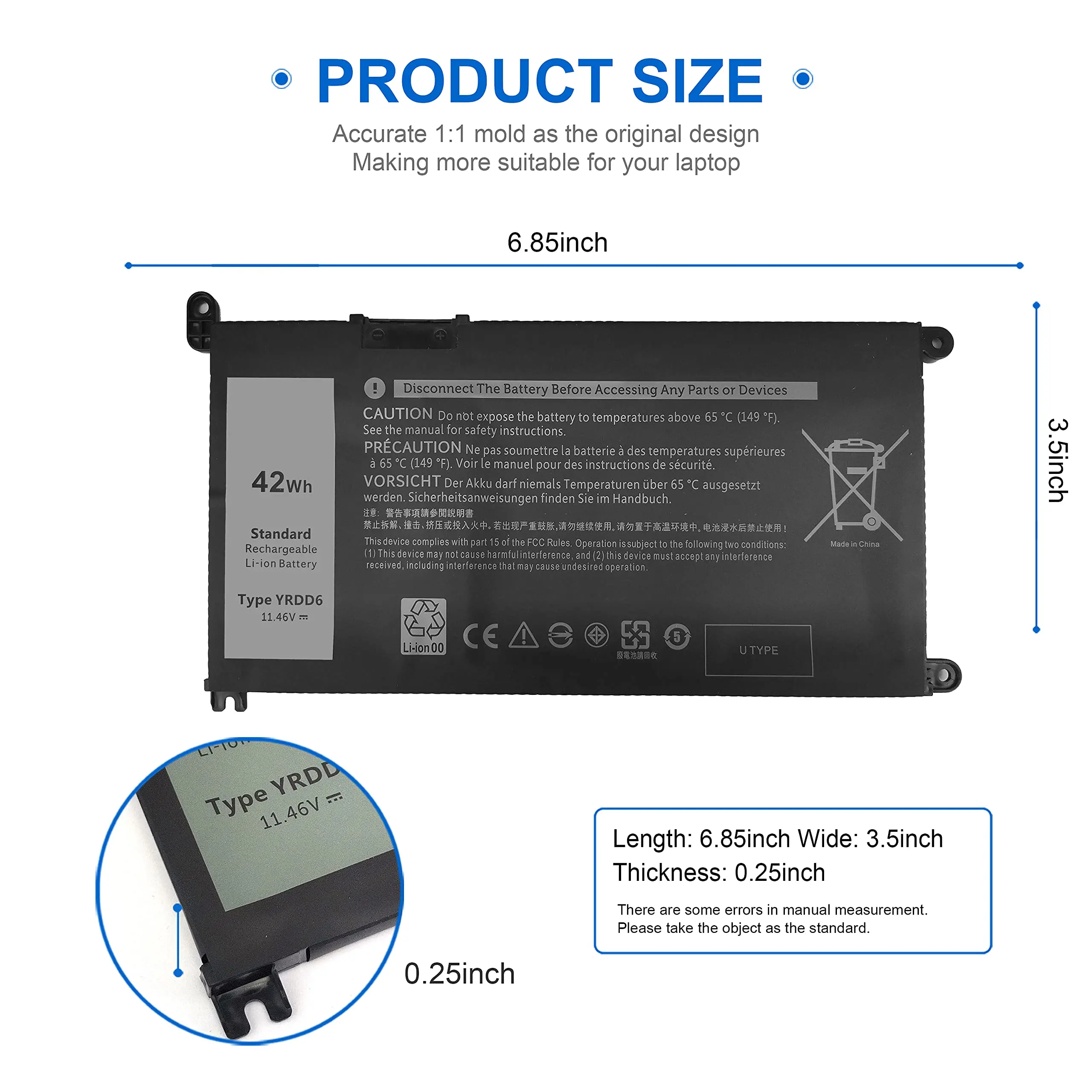 YRDD6 1VX1H Battery for Dell Inspiron 5482 5485 7586 3583 5491 5591 3310 2-in-1 5593 5584 3493 5480 3584 5493 Vostro 3491 5490