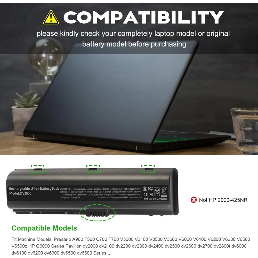 DV2000 Battery for Hp Pavilion DV2100 DV2500 DV6000 DV6700 441425-001 446506-001 446507-001 HSTNN-DB42 452057-001 HSTNN-C17C