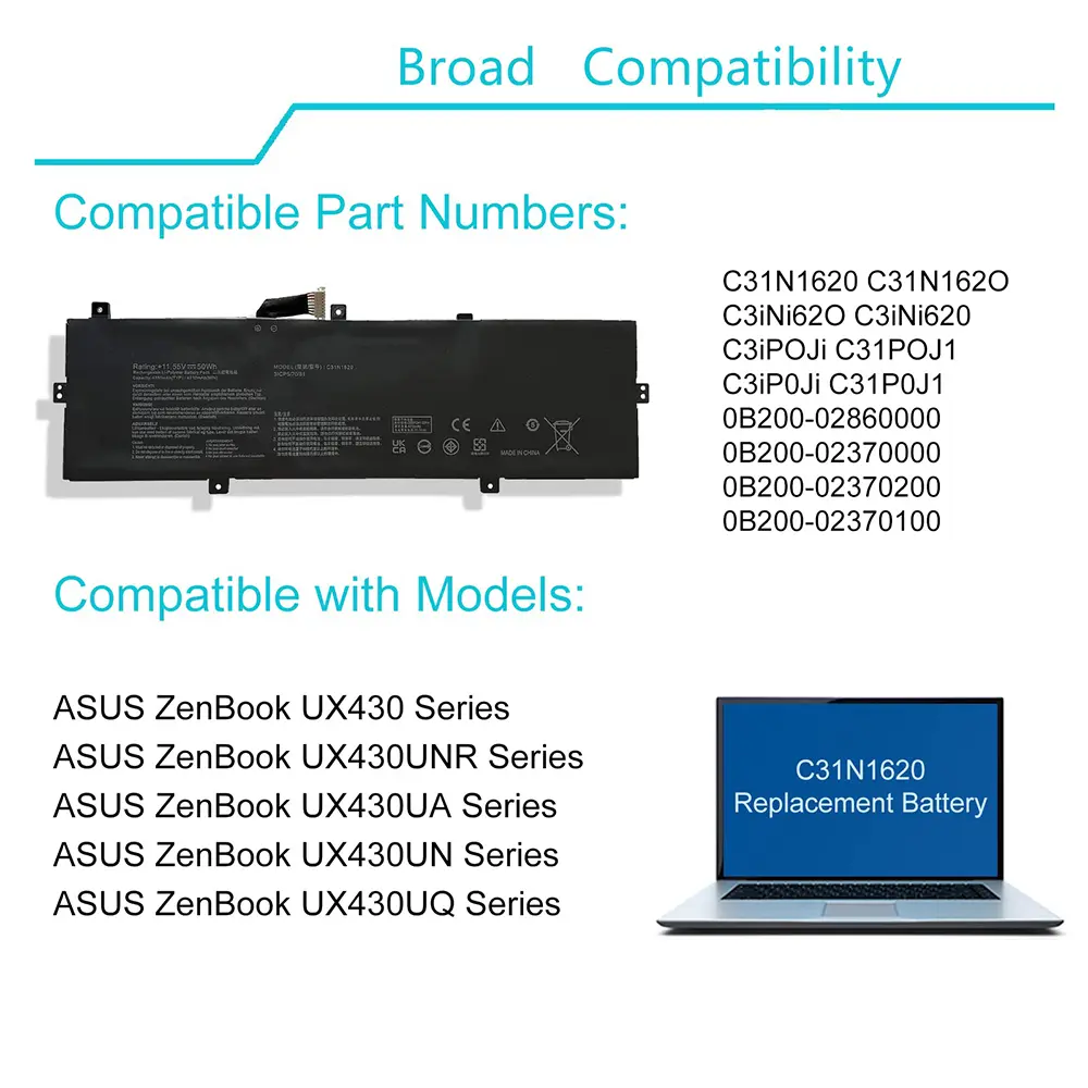 C31N1620 Laptop Battery for Asus Zenbook UX430 UX430U UX430UA UX430UAR UX430UN UX430UNR UX430UQ U4100 U4100UN U4100UQ UX3400