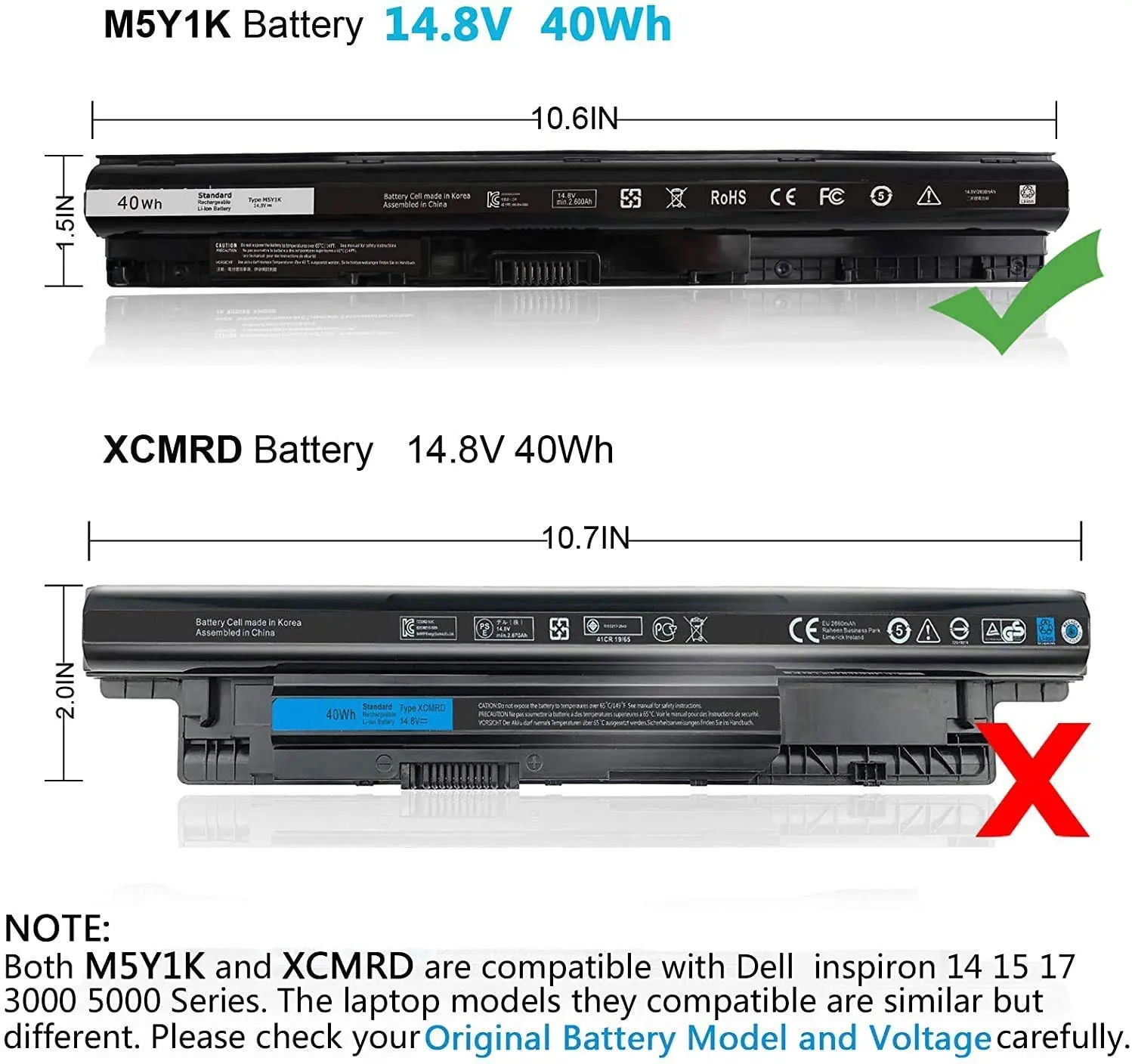 M5Y1K Battery for Dell Inspiron 14 15 17 Series14 3451 3452 5451 5452 15 3551 3552 3558 5545 17 5755 5756 5758 N3451 Vostro 3458