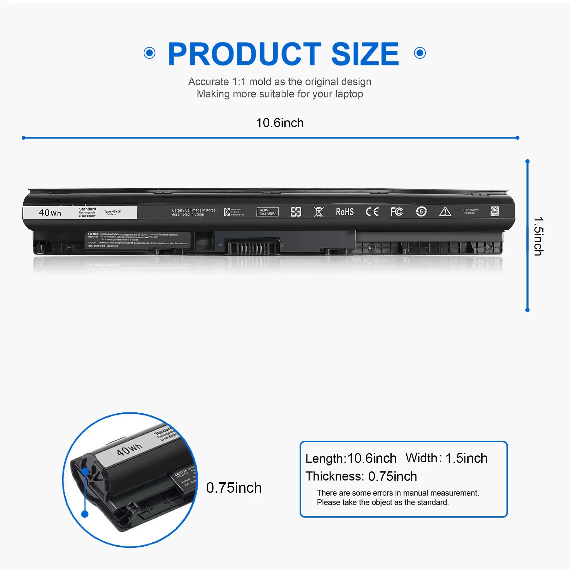M5Y1K Battery for Dell Inspiron 14 15 17 Series14 3451 3452 5451 5452 15 3551 3552 3558 5545 17 5755 5756 5758 N3451 Vostro 3458