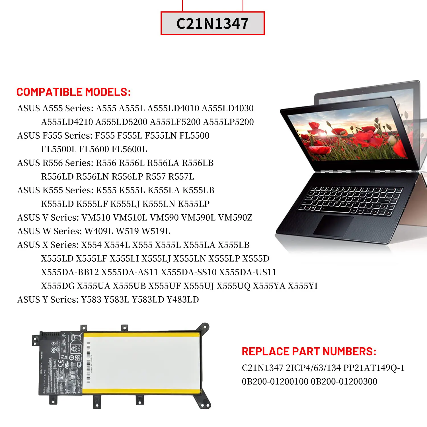 C21N1347 Laptop Battery for Asus X555 F555 X555LA X555LD X555LN A555L K555L Y583LD W519LD K555LD K555LA R556L VM510 2ICP4/63/134