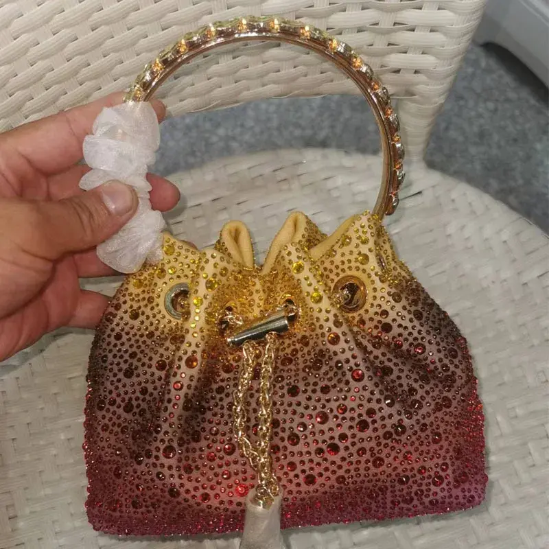 2024 Elegant Women's Cross-border Fashion Bucket Bag Full Diamonds Sparkling Embroidery Shoulder Purse Hard Material
