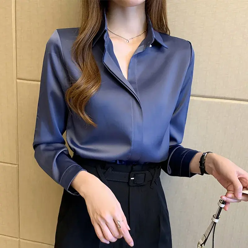 Elegant Vintage Long Sleeve Shirt Women's Simple Commuting Professional Top Slim Fit Button-Up China Mainland Origin