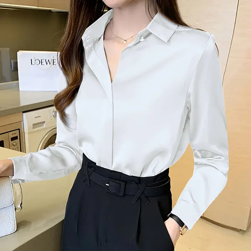 Elegant Vintage Long Sleeve Shirt Women's Simple Commuting Professional Top Slim Fit Button-Up China Mainland Origin