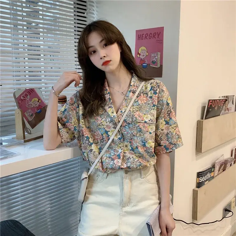 Loose Summer Floral Print French Style Student Short Sleeve Women's Chiffon Shirt Casual Button up Top Female Ins Fashion