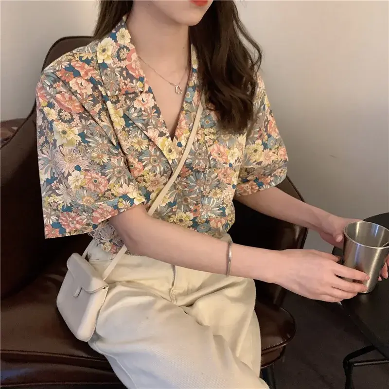 Loose Summer Floral Print French Style Student Short Sleeve Women's Chiffon Shirt Casual Button up Top Female Ins Fashion