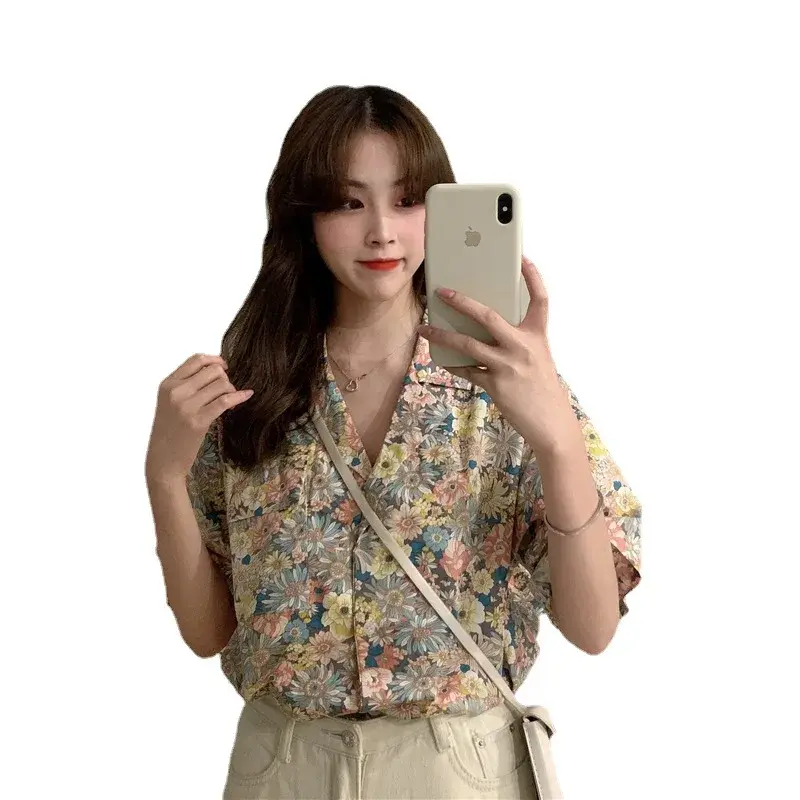 Loose Summer Floral Print French Style Student Short Sleeve Women's Chiffon Shirt Casual Button up Top Female Ins Fashion