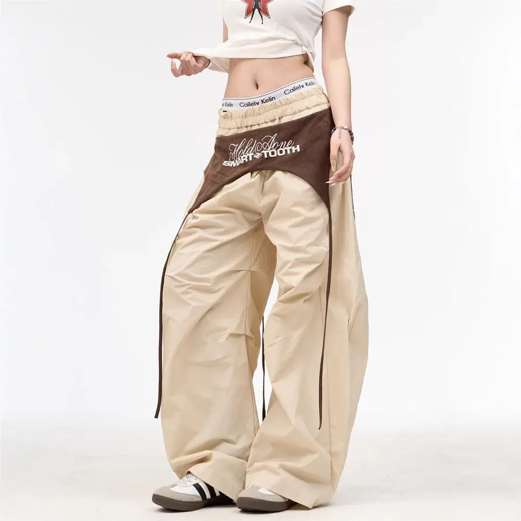 Slimming Wide Leg Pants Color Block Loose Fit Women's Hip Hop Pants Summer Casual Knife Edge Trousers Vintage Trendy