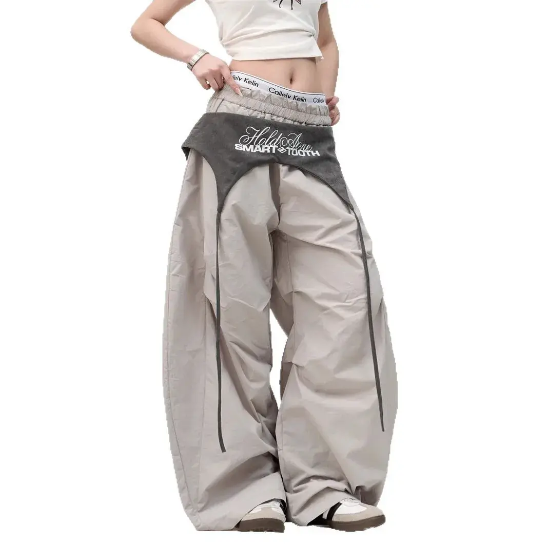 Slimming Wide Leg Pants Color Block Loose Fit Women's Hip Hop Pants Summer Casual Knife Edge Trousers Vintage Trendy