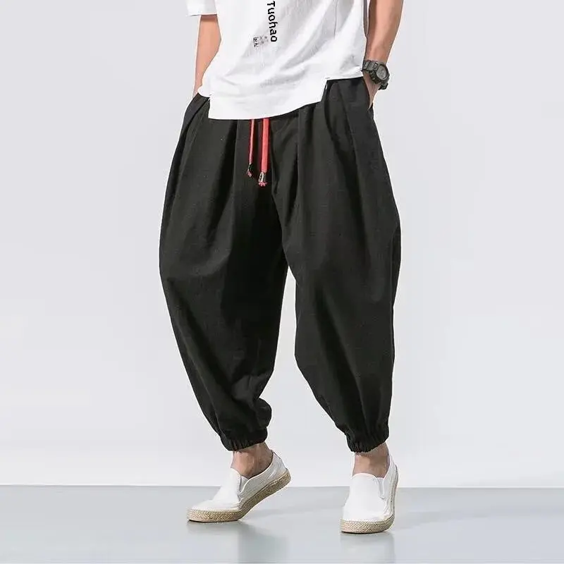 Japanese Style Linen Men's Summer Thin Nine-Piece Loose Cuff Lantern Pants Cotton Linen Wide Leg Casual Sport Trousers