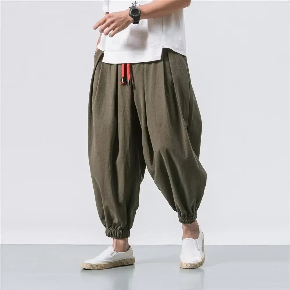 Japanese Style Linen Men's Summer Thin Nine-Piece Loose Cuff Lantern Pants Cotton Linen Wide Leg Casual Sport Trousers