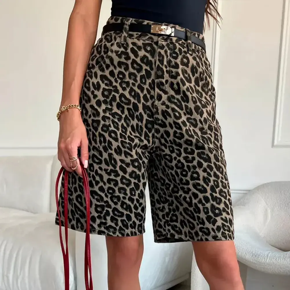 Pure Cotton Leopard Print Shorts Loose Fit Five-Quarter Length Casual Straight Leg Summer New Style Women's Fashion Shorts