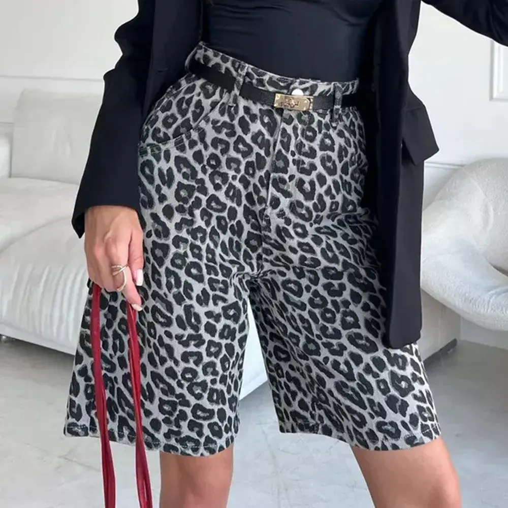 Pure Cotton Leopard Print Shorts Loose Fit Five-Quarter Length Casual Straight Leg Summer New Style Women's Fashion Shorts