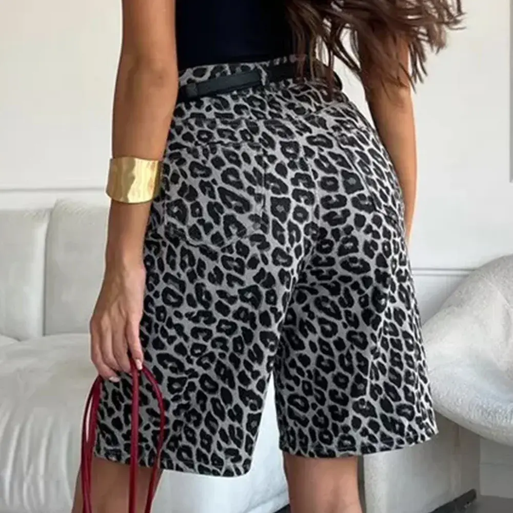 Pure Cotton Leopard Print Shorts Loose Fit Five-Quarter Length Casual Straight Leg Summer New Style Women's Fashion Shorts