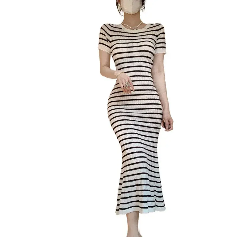 Summer 2025 Knitted Long Dress Slim Fit Short Sleeve Striped Base Layer Dress Fashionable Unique Style Bodycon Dress Knee Length