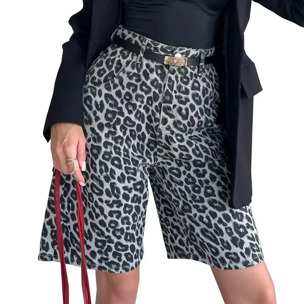 Pure Cotton Leopard Print Shorts Loose Fit Five-Quarter Length Casual Straight Leg Summer New Style Women's Fashion Shorts