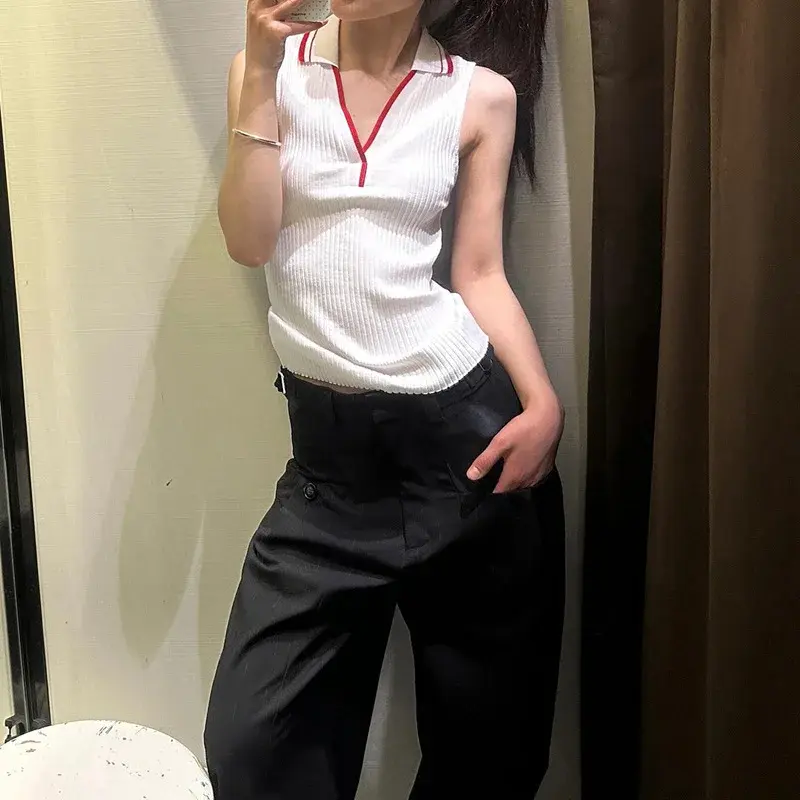 French American Retro Knitted Sleeveless Neck Hanging Vest Women Summer New Color Collision Outerwear Top Polyester Blend