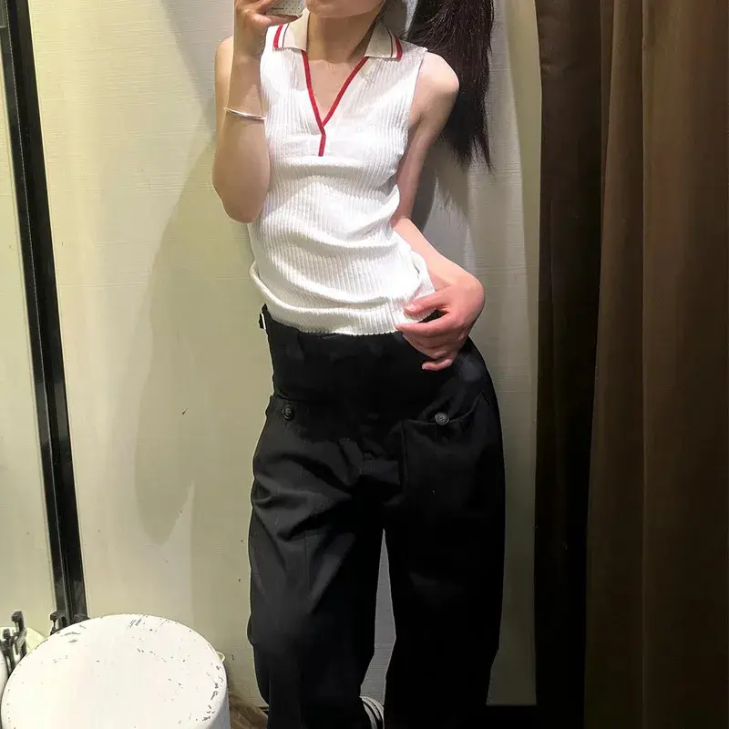 French American Retro Knitted Sleeveless Neck Hanging Vest Women Summer New Color Collision Outerwear Top Polyester Blend