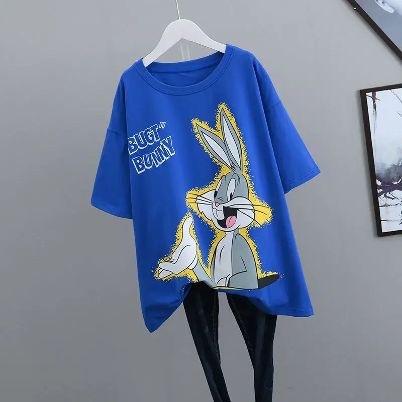 Plus Size New Summer Women's Short Sleeve T-Shirt Loose Fit Plus Size Medium Length Skirt Hiding Top Korean Style Trendy