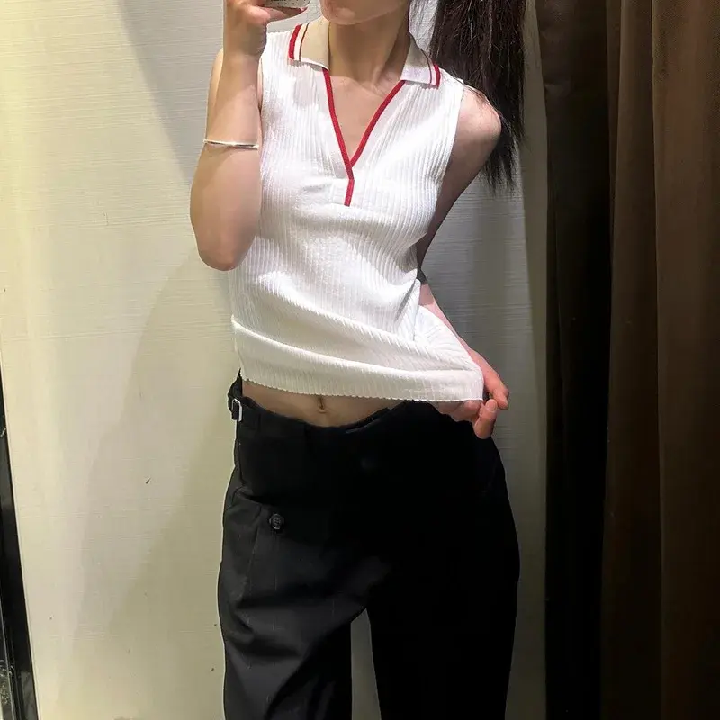 French American Retro Knitted Sleeveless Neck Hanging Vest Women Summer New Color Collision Outerwear Top Polyester Blend
