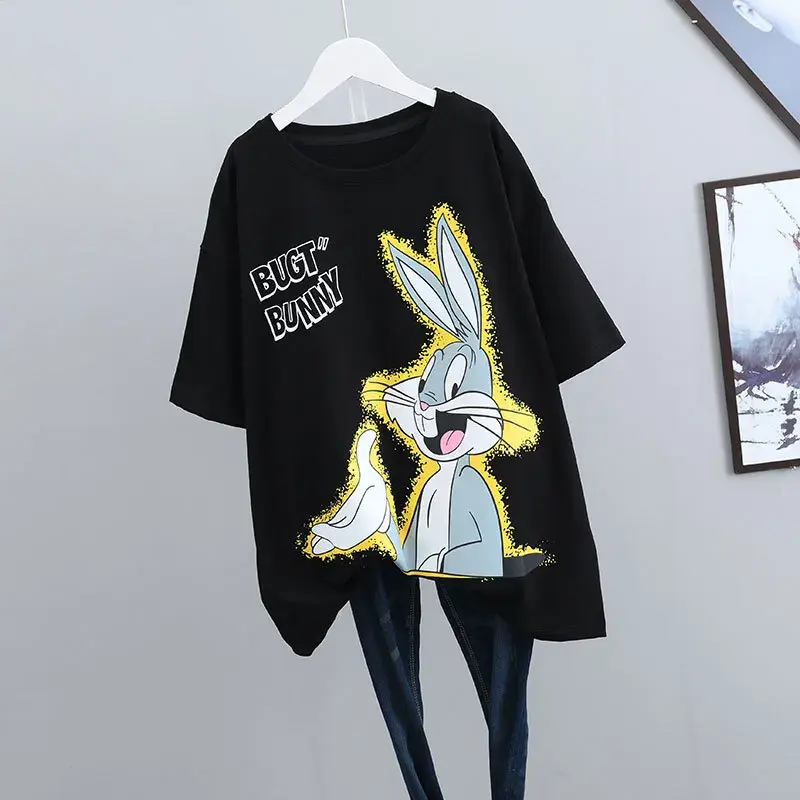 Plus Size New Summer Women's Short Sleeve T-Shirt Loose Fit Plus Size Medium Length Skirt Hiding Top Korean Style Trendy