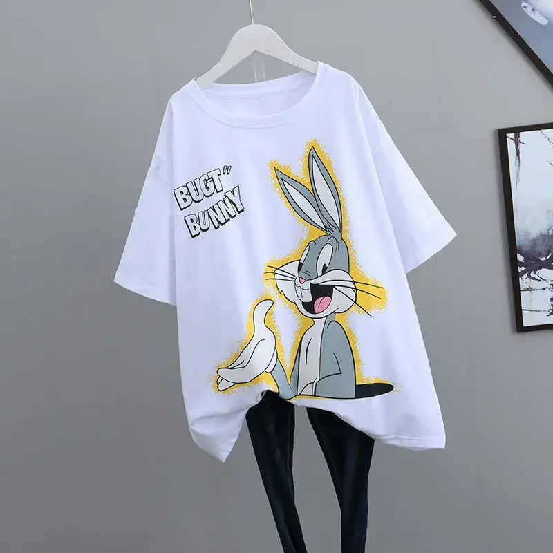 Plus Size New Summer Women's Short Sleeve T-Shirt Loose Fit Plus Size Medium Length Skirt Hiding Top Korean Style Trendy