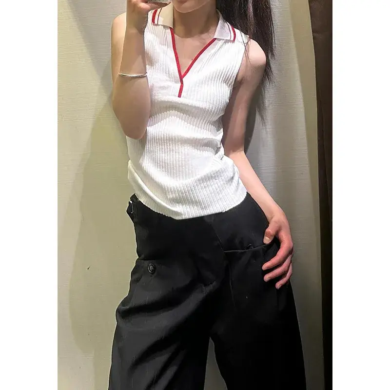 French American Retro Knitted Sleeveless Neck Hanging Vest Women Summer New Color Collision Outerwear Top Polyester Blend