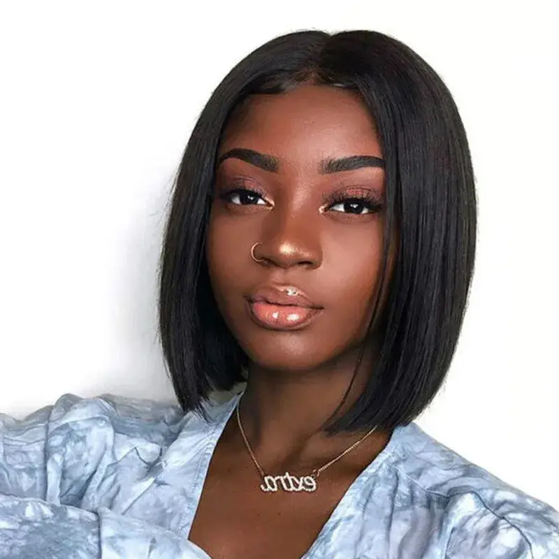 Fashionable Short Straight African Bob Wig for Women Realistic Hair Transplant Full Frontal Part Synthetic Hair Extensions