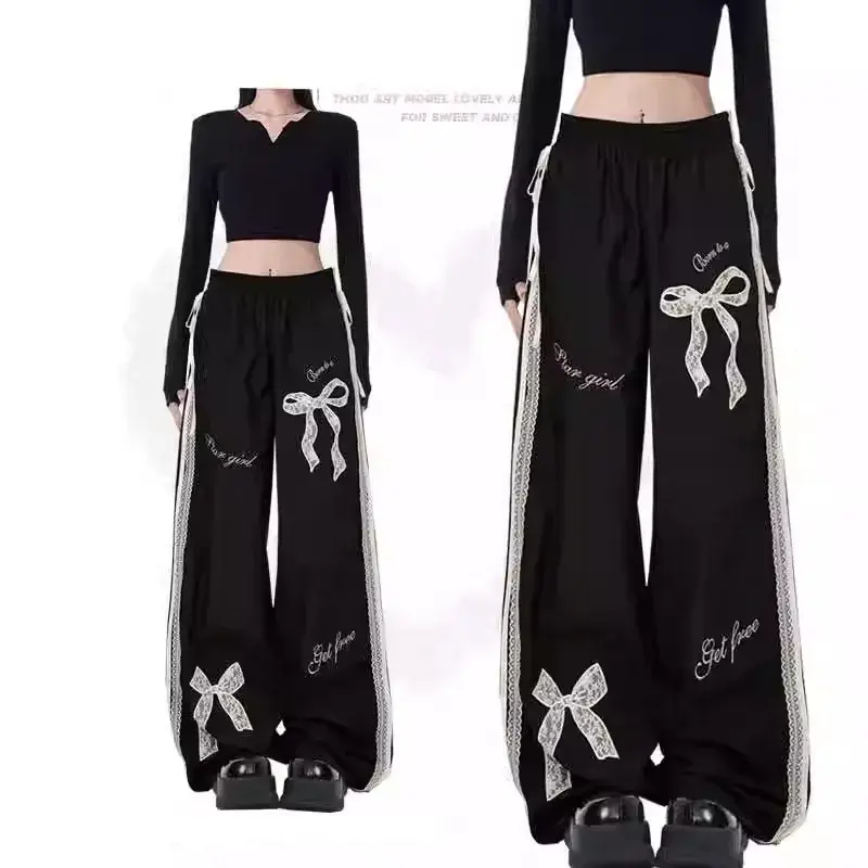 American Style Sweet Spicy Girl Bowlace Splicing Casual Women's Autumn Elastic Waist Loose-Fit Straight-Leg Pants