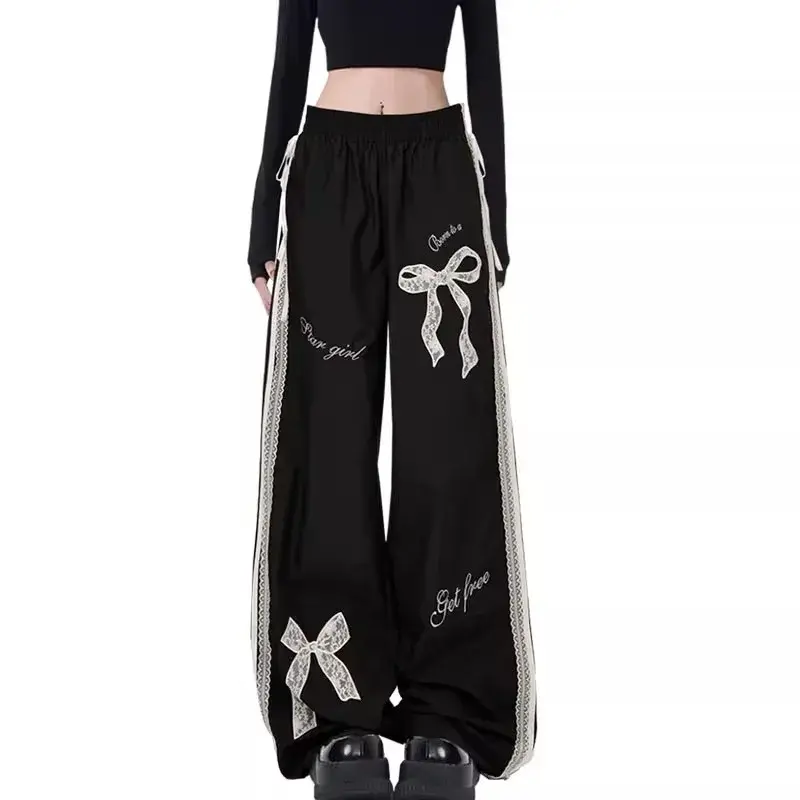 American Style Sweet Spicy Girl Bowlace Splicing Casual Women's Autumn Elastic Waist Loose-Fit Straight-Leg Pants