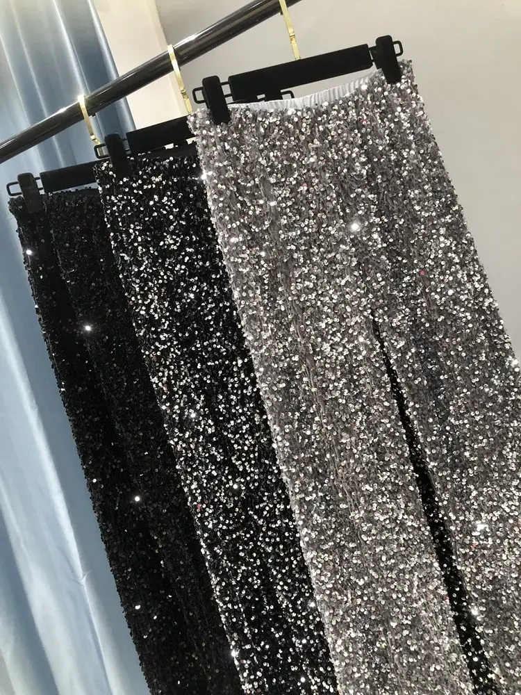 Women's Autumn/Winter Thickened Korean Velvet Sequined Bell Bottoms Oversized Draped Plus Size Floor-Length Straight-Leg Pants