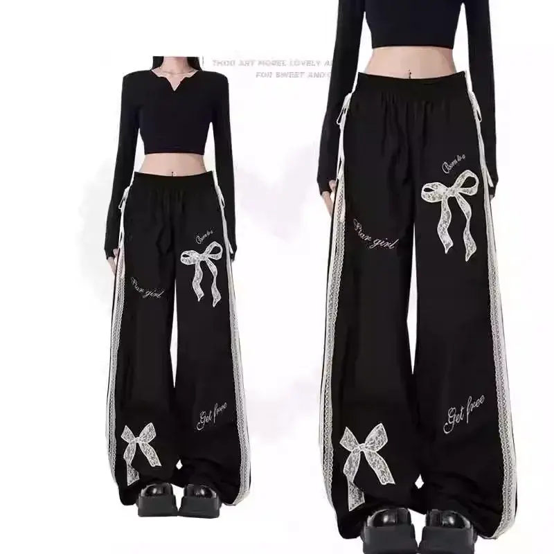 American Style Sweet Spicy Girl Bowlace Splicing Casual Women's Autumn Elastic Waist Loose-Fit Straight-Leg Pants