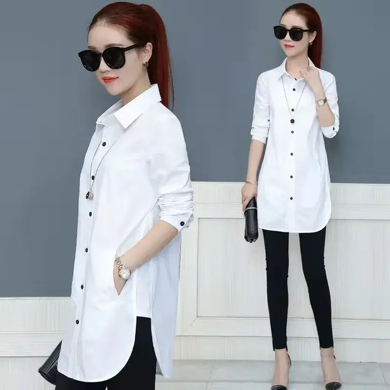 New Mid-Length Polo Collar Long Sleeve Women's Shirt Slim Fit Base Layer Multi-Buckled Versatile Bottoming Top with Pocket