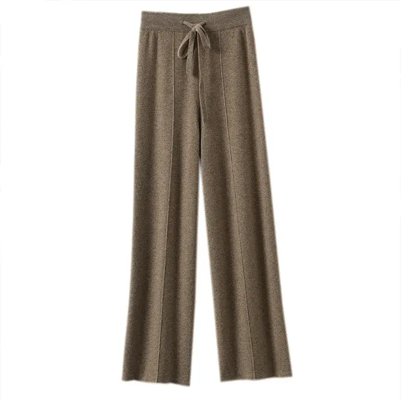High Waist Knitted Wide Leg Straight Pants Autumn Winter New Style Korean Version Loose Fit Ladies Pure Color Trousers Milk Whit