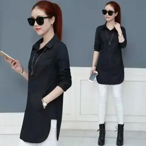 New Mid-Length Polo Collar Long Sleeve Women's Shirt Slim Fit Base Layer Multi-Buckled Versatile Bottoming Top with Pocket
