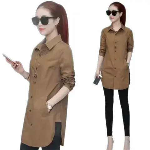 New Mid-Length Polo Collar Long Sleeve Women's Shirt Slim Fit Base Layer Multi-Buckled Versatile Bottoming Top with Pocket