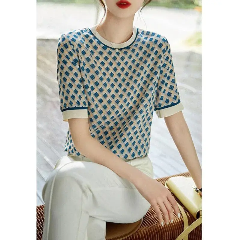 Elegant Round Neck T-Shirt Women's Short Sleeves Summer New Arrival Top Quality Polyester Fabric Color Block Design Crew Neck St