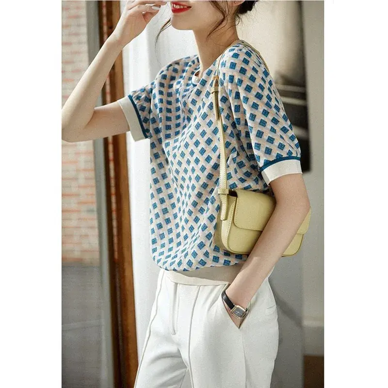 Elegant Round Neck T-Shirt Women's Short Sleeves Summer New Arrival Top Quality Polyester Fabric Color Block Design Crew Neck St